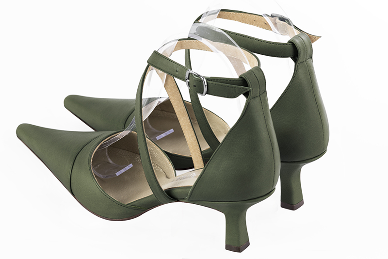 Forest green women's open side shoes, with crossed straps. Pointed toe. Medium spool heels. Rear view - Florence KOOIJMAN